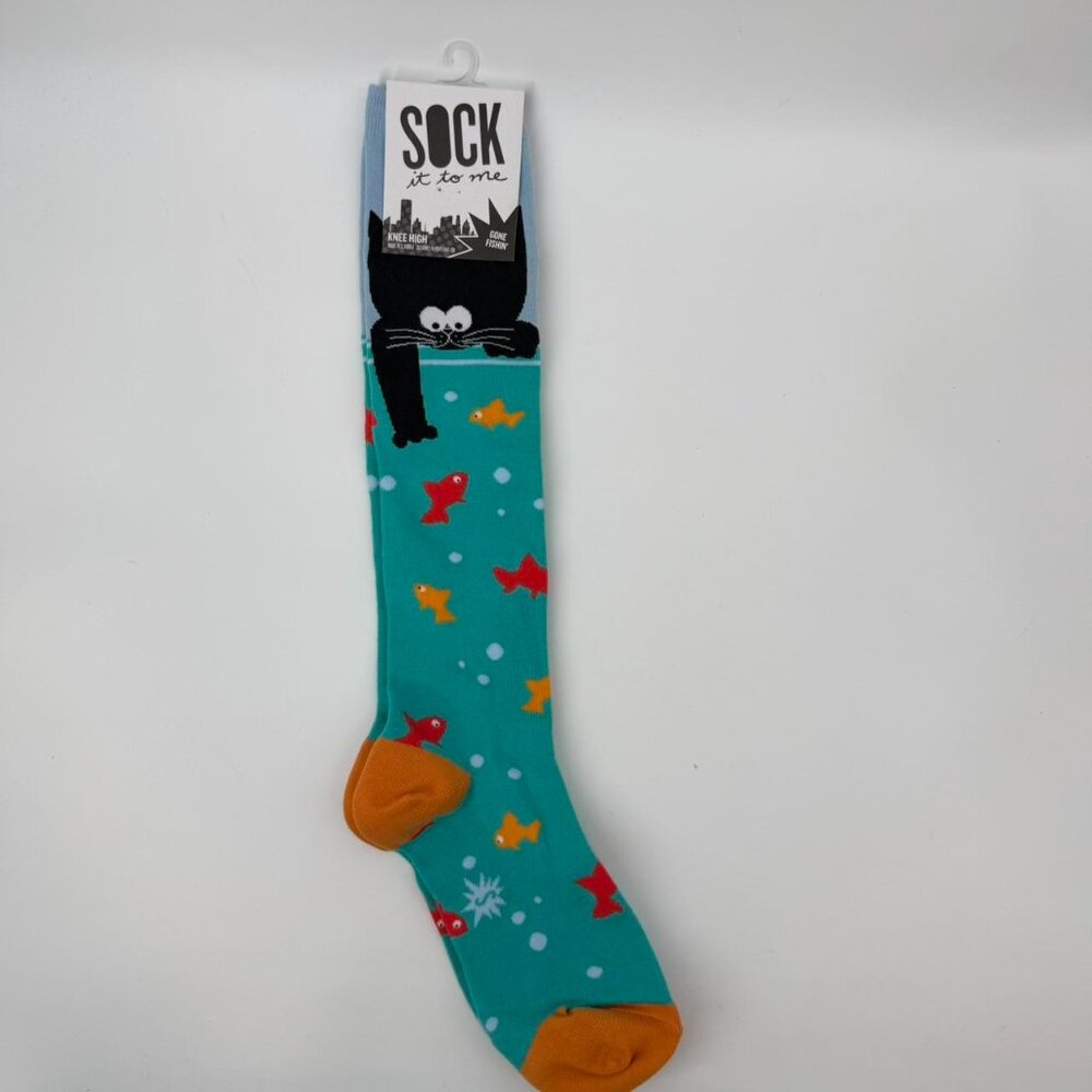 Sock It to Me, Gone Fishing' Unisex Stretch-It Knee-High Socks, Fishy Cat Socks - Picture 2 of 5